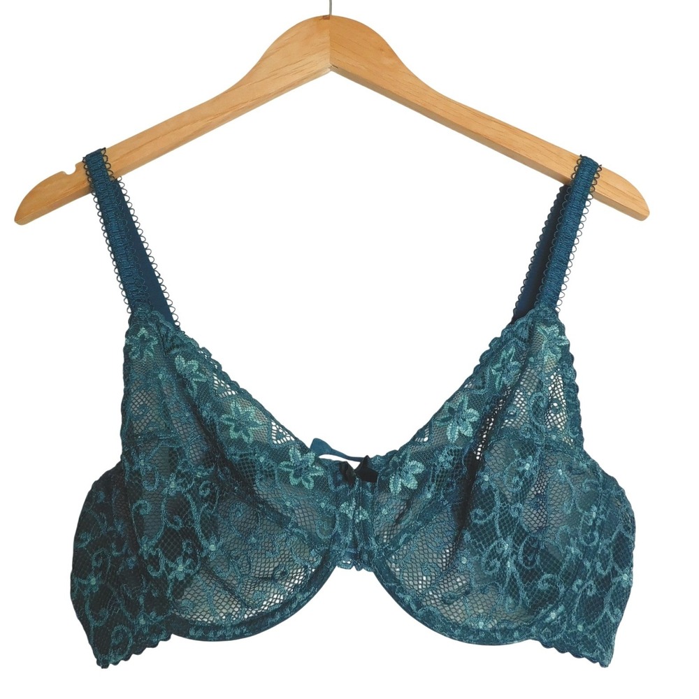Passionata Underwire Bra Women 40D Teal Blue Floral Lace Sheer Unlined France